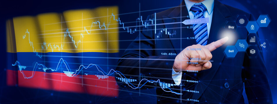 Businessman touching data analytics process system with KPI financial charts, dashboard of stock and marketing on virtual interface. With Colombia flag in background.