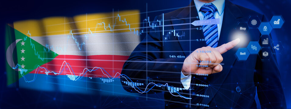 Businessman touching data analytics process system with KPI financial charts, dashboard of stock and marketing on virtual interface. With Comoros flag in background. - Powered by Adobe