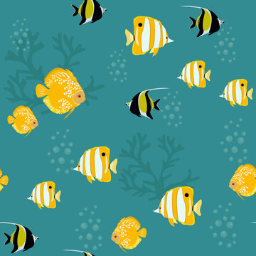 Seamless vector illustration. Underwater world with beautiful fish. © Nadezhda