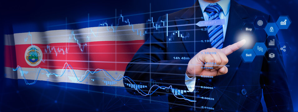 Businessman touching data analytics process system with KPI financial charts, dashboard of stock and marketing on virtual interface. With Costa Rica flag in background. - Powered by Adobe