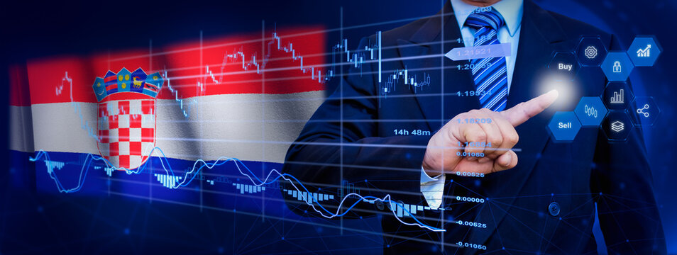 Businessman touching data analytics process system with KPI financial charts, dashboard of stock and marketing on virtual interface. With Croatia flag in background.