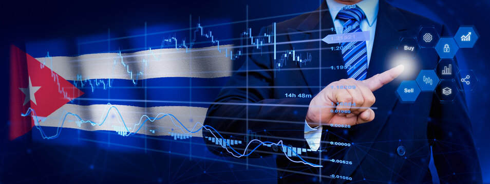 Businessman touching data analytics process system with KPI financial charts, dashboard of stock and marketing on virtual interface. With Cuba flag in background. - Powered by Adobe