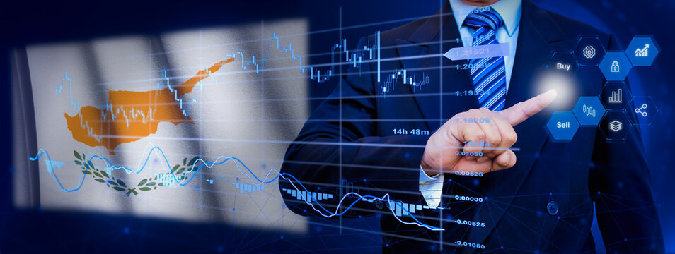 Businessman touching data analytics process system with KPI financial charts, dashboard of stock and marketing on virtual interface. With Cyprus flag in background. - Powered by Adobe