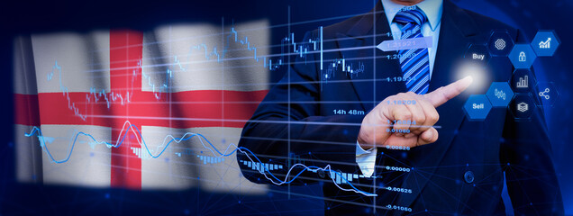 Businessman touching data analytics process system with KPI financial charts, dashboard of stock and marketing on virtual interface. With England flag in background.