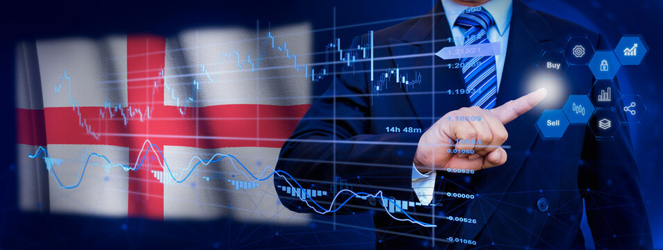 Businessman touching data analytics process system with KPI financial charts, dashboard of stock and marketing on virtual interface. With England flag in background. - Powered by Adobe