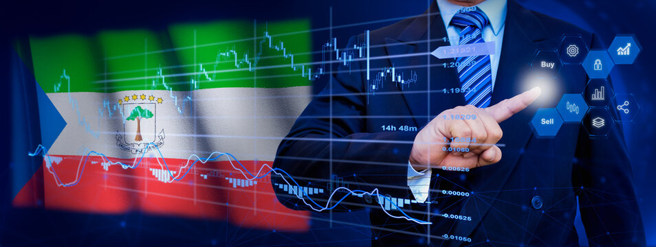 Businessman touching data analytics process system with KPI financial charts, dashboard of stock and marketing on virtual interface. With Equatorial Guinea flag in background. - Powered by Adobe