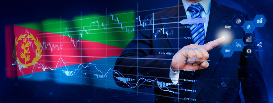 Businessman touching data analytics process system with KPI financial charts, dashboard of stock and marketing on virtual interface. With Eritrea flag in background. - Powered by Adobe