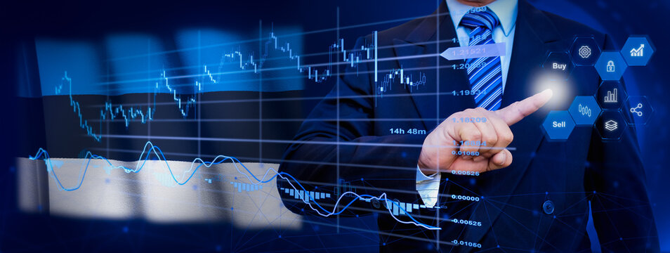 Businessman touching data analytics process system with KPI financial charts, dashboard of stock and marketing on virtual interface. With Estonia flag in background. - Powered by Adobe