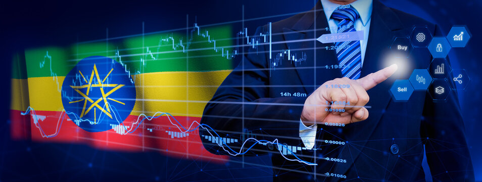 Businessman touching data analytics process system with KPI financial charts, dashboard of stock and marketing on virtual interface. With Ethiopia flag in background. - Powered by Adobe