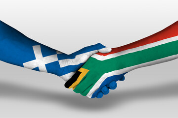 Handshake between south africa and greece flags painted on hands, illustration with clipping path.