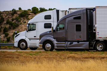 Arizona, USA - May, 2020: White and gray trucks on the road. Delivery of goods and cargoes....