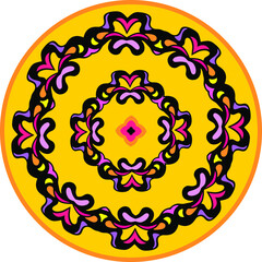 Symmetrical bright decorative ornament on yellow-orange
