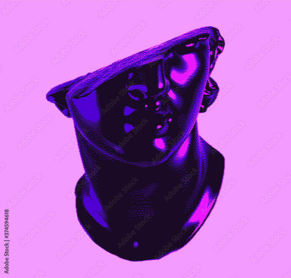 Poster fragmentary marble of plaster bust in bitmap pixel art style. vaporwave and cyberpunk aesthetics fro