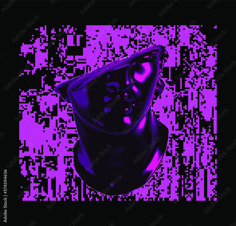 Poster Fragmentary marble of plaster bust in bitmap pixel art style. Vaporwave and cyberpunk aesthetics from the 80s like in old video games.