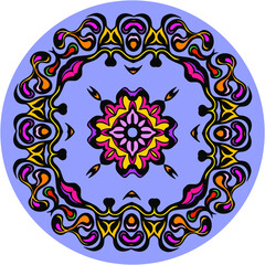Symmetrical yellow, orange and pink decor on blue circle