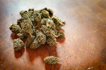 Close up of Cannabis on wood.