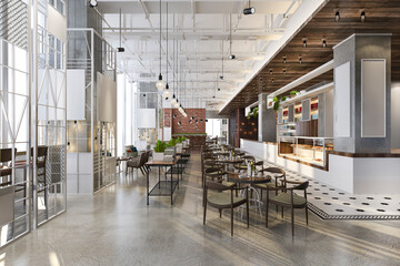 3d rendering loft and luxury hotel reception and cafe lounge restaurant