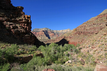 View of canyon walls from Upper Tapeats Campground in Grand Canyon National Park, Arizona on clear summer morning.