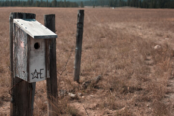 old birdhouse in mountain valley