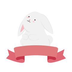 Cute white rabbit cartoon with ribbon design, Animal life nature and character theme Vector illustration