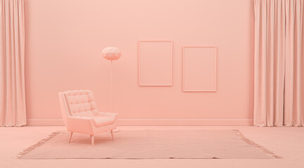 Interior room in plain monochrome pinkish orange color with furnitures and room accessories. 3D rendering for web page, presentation or picture frame backgrounds.