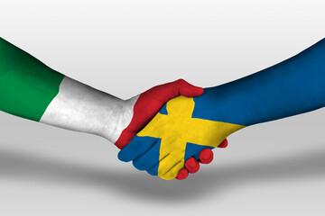 Handshake between sweden and italy flags painted on hands, illustration with clipping path.