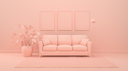 picture frame mock-up room in monochrome pinkish orange color with furnitures and room accessories  for web page, presentation or picture frame backgrounds, 3D rendering