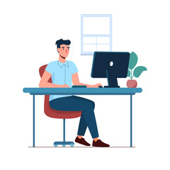 The man works in the office. An employee works at a computer. Vector illustration in flat style isolated on white background.
