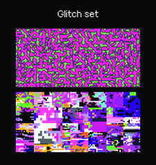 Big set of abstract futuristic pixel art vector elements, glitched  textures and patterns. Computer screen error with digital noise and data decay.