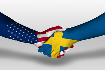 Handshake between sweden and united states of america flags painted on hands, illustration with...