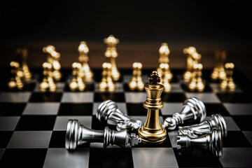 King golden chess standing confront of in the middle of the falling silver chess concepts of leadership and business strategy management and leadership.
