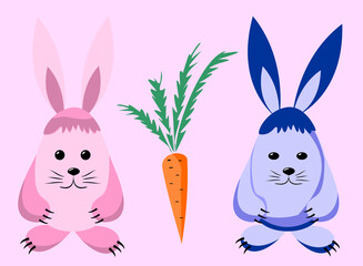 Two pink and lilac hares and a carrot are isolated on a pink background. Cartoon vector image