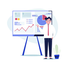 Businessman presenting marketing data on a presentation screen board explaining charts. Flat design vector illustration