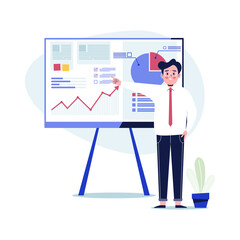 Young Businessman presenting marketing data on a presentation screen board explaining charts. Flat design vector illustration