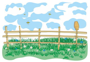 Rural landscape: a fence stands in a clearing with grass and flowers and clouds are blue and white. Vector image