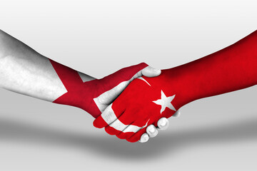Handshake between turkey and england flags painted on hands, illustration with clipping path.