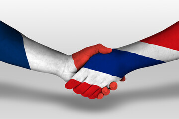 Handshake between thailand and france flags painted on hands, illustration with clipping path.