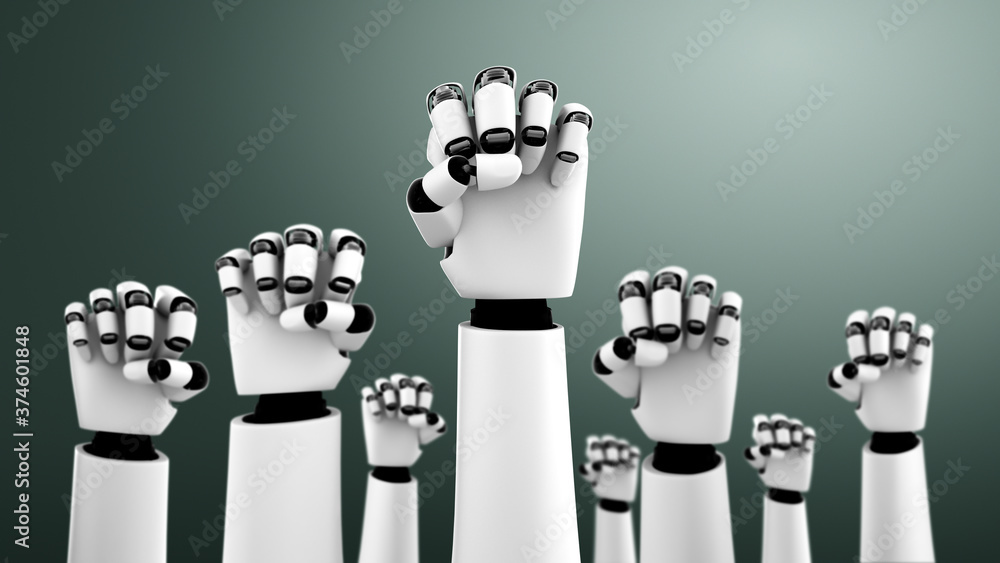 Poster robot humanoid hands up to celebrate success achieved by using ai artificial intelligence thinking a