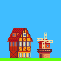 Old German house and windmill . Pixel art style. House framework. European mansions. Traditional european mill. Vector rural house. Isolated vector illustration. 8-bit sprite.