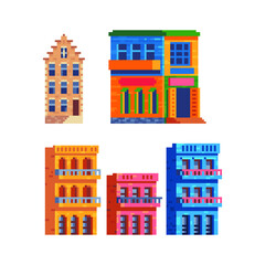 Naklejka premium Colorful buildings. Houses in Cuba, La Boca, Amsterdam. Traditional architecture, isolated vector illustration. Game assets 8-bit sprite. Pixel art icon set. Design for stickers and magnet.
