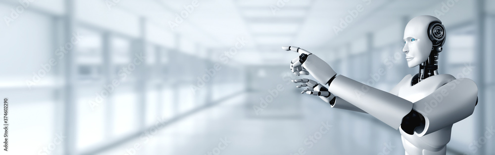 Aufkleber ai humanoid robot touching finger at copy space in concept of artificial intelligence thinking by ma
