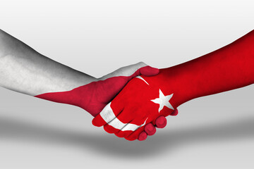 Handshake between turkey and poland flags painted on hands, illustration with clipping path.