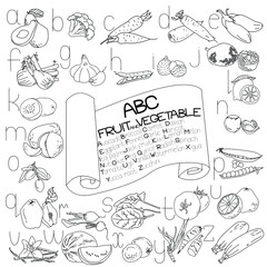 Fruit vegetable alphabet in coloring book format, contour drawings of vegetables and fruits and letter description of these products, great coloring page for learning and creativity