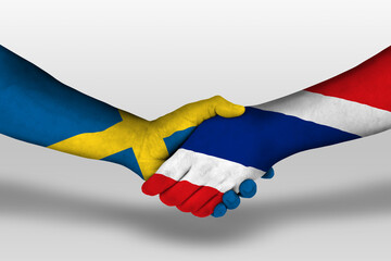Handshake between thailand and sweden flags painted on hands, illustration with clipping path.