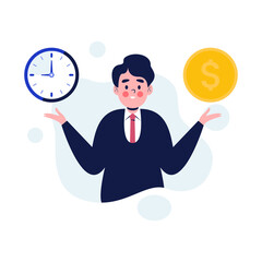 Time is money concept. Young businessman with clock and coin. Flat design vector illustration