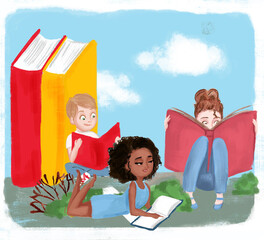 Illustration of a diverse group of kid reading books outdoors