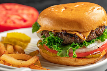 Delicious juicy and spicy burger with slice of tomato, onion, and cheese. Served with fries and pickles.