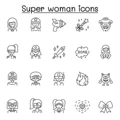 Set of Super woman Related Vector Line Icons. Contains such Icons as mask, costume, power, action, weapon, monster, wand, sword and more.