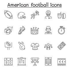 Set of American football Related Vector Line Icons. Contains such Icons as ball, whistle, player, shirt, trophy, helmet, touchdown, referee, ticket, scoreboard, stadium, junk food and more.
