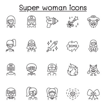 Set of Super woman Related Vector Line Icons. Contains such Icons as mask, costume, power, action, weapon, monster, wand, sword and more.